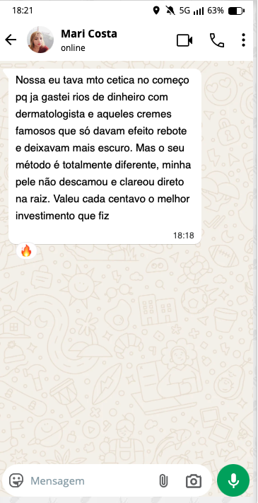 Depoimento enviado de Mari Costa, com cabeçalho do WhatsApp e reação de fogo